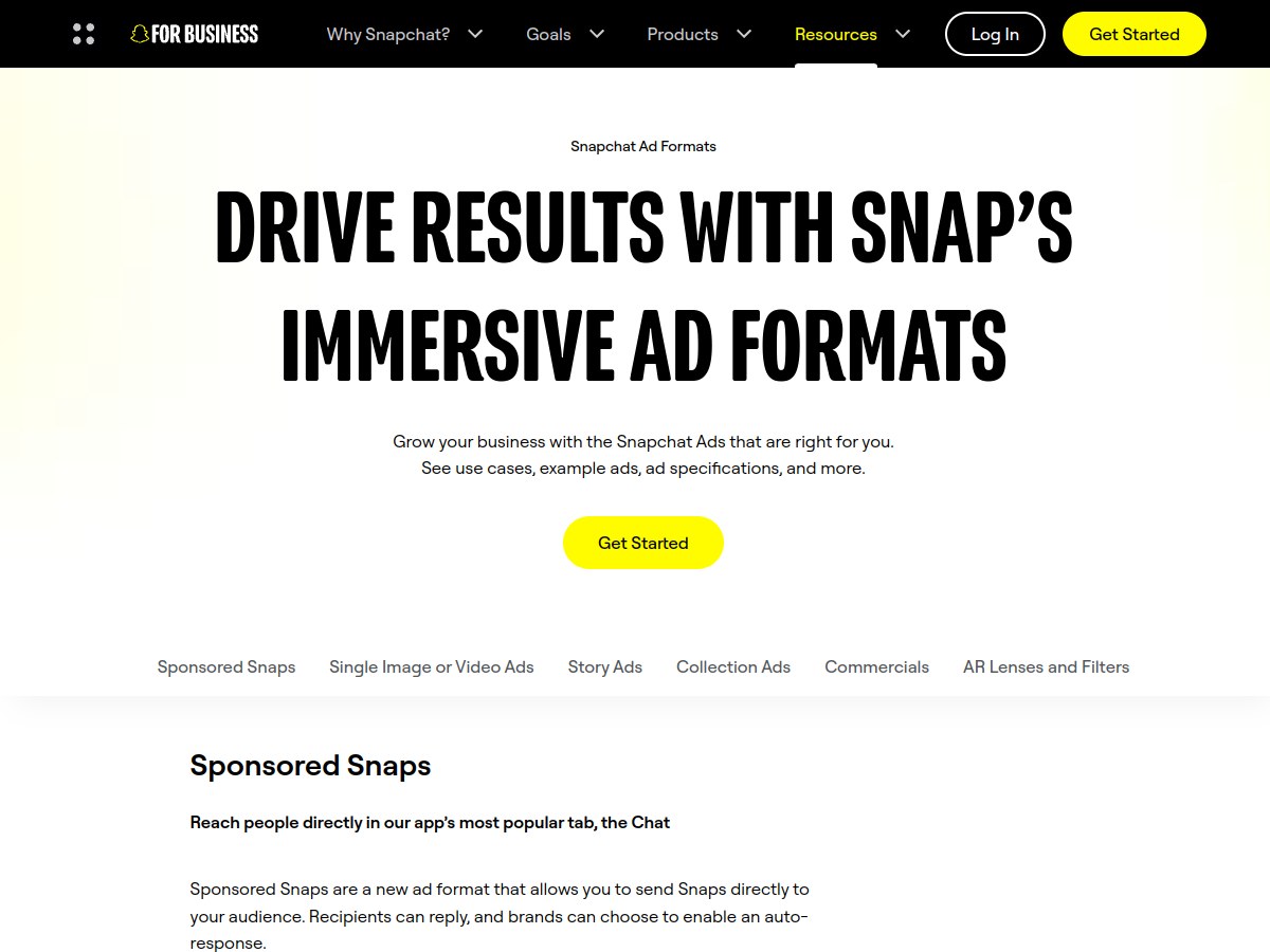 Snapchat 官方广告形式页:Sponsored Snaps、Story、Collection、AR 等产品说明