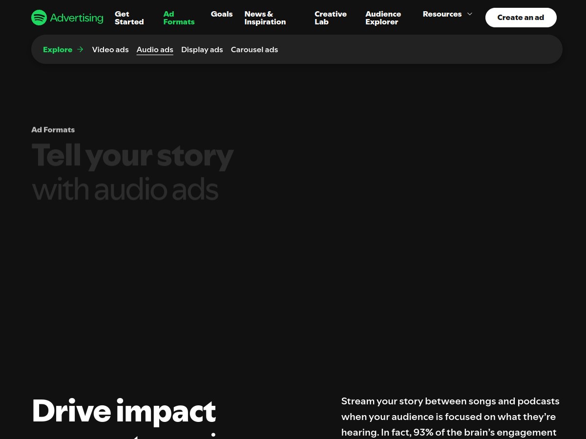 Spotify 官方 Audio Ads 页面：屏幕外陪伴与多形式协同的产品说明