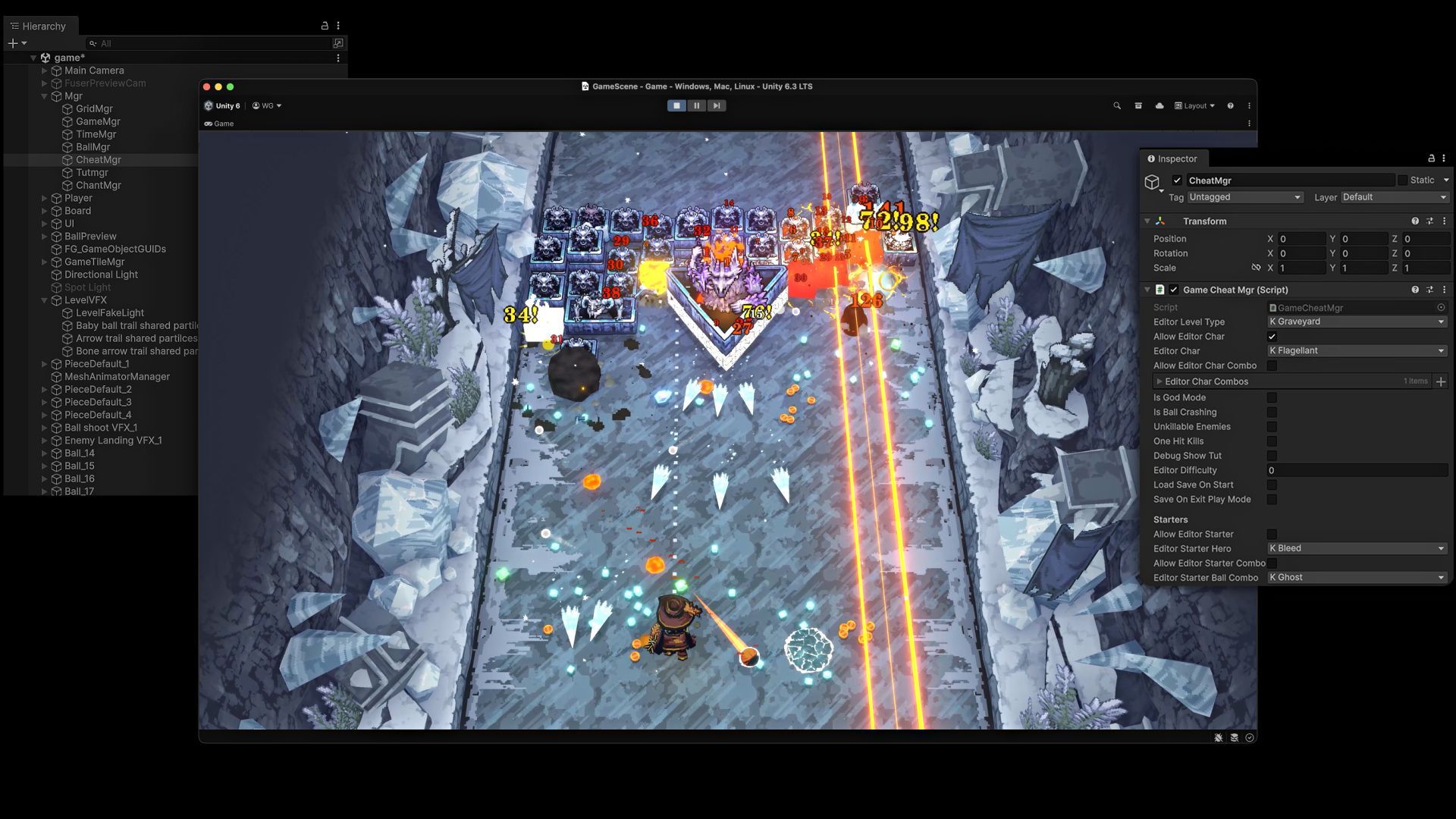 Unity 编辑器界面：正在开发中的 2D 俯视动作游戏
