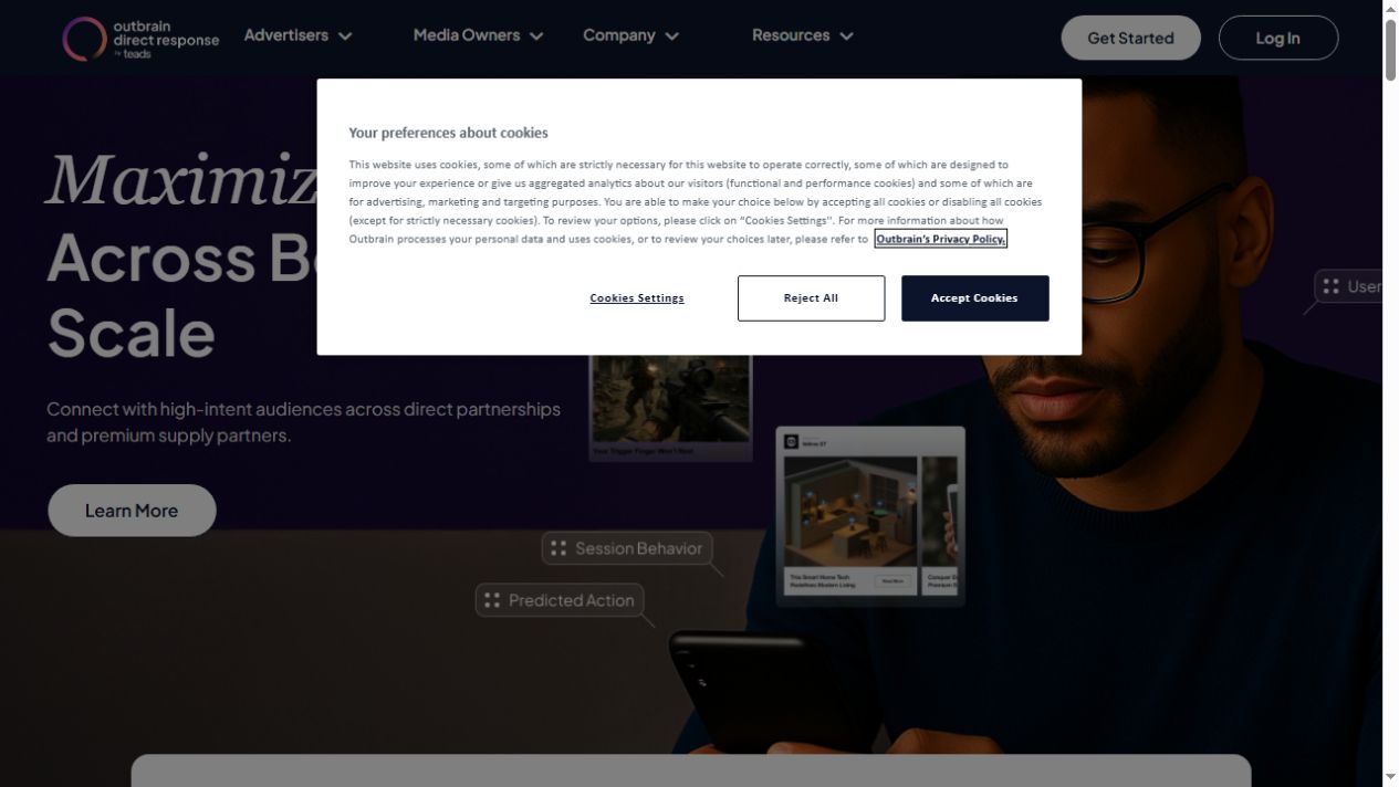 Outbrain official advertiser page: buying paths and outcomes