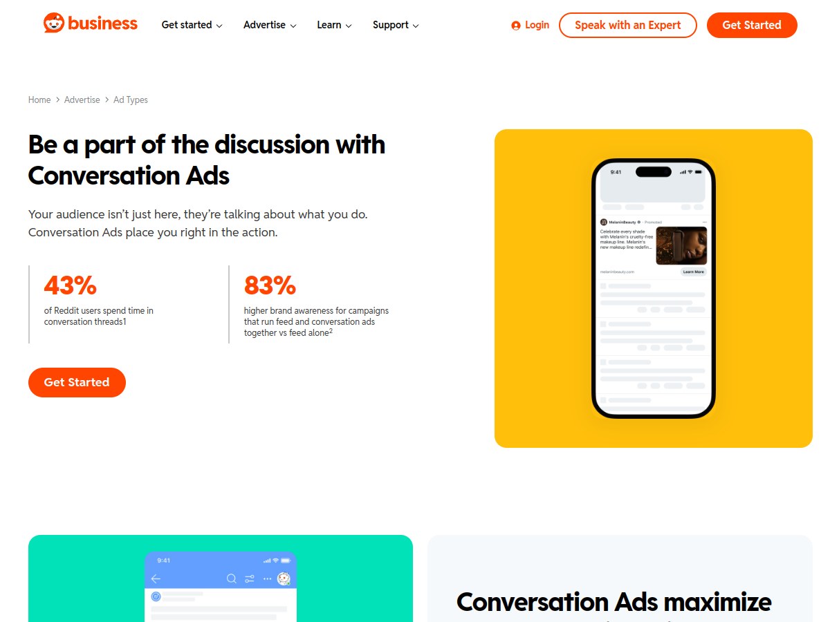 Reddit 官方 Conversation Ads 产品页，包含版位、竞价与定向说明
