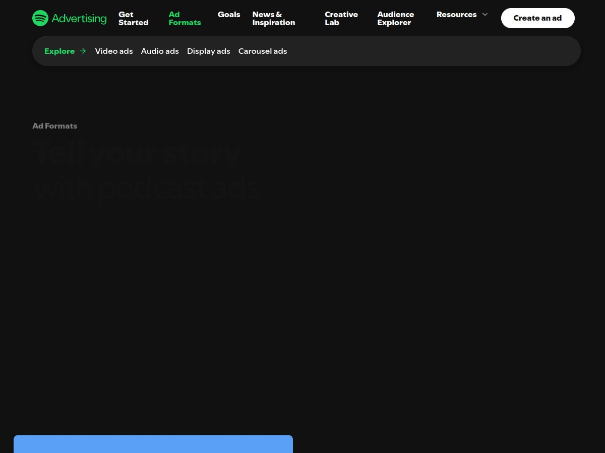 Spotify 官方 Podcast Ads 页面：主播关系、深度内容与品牌信息